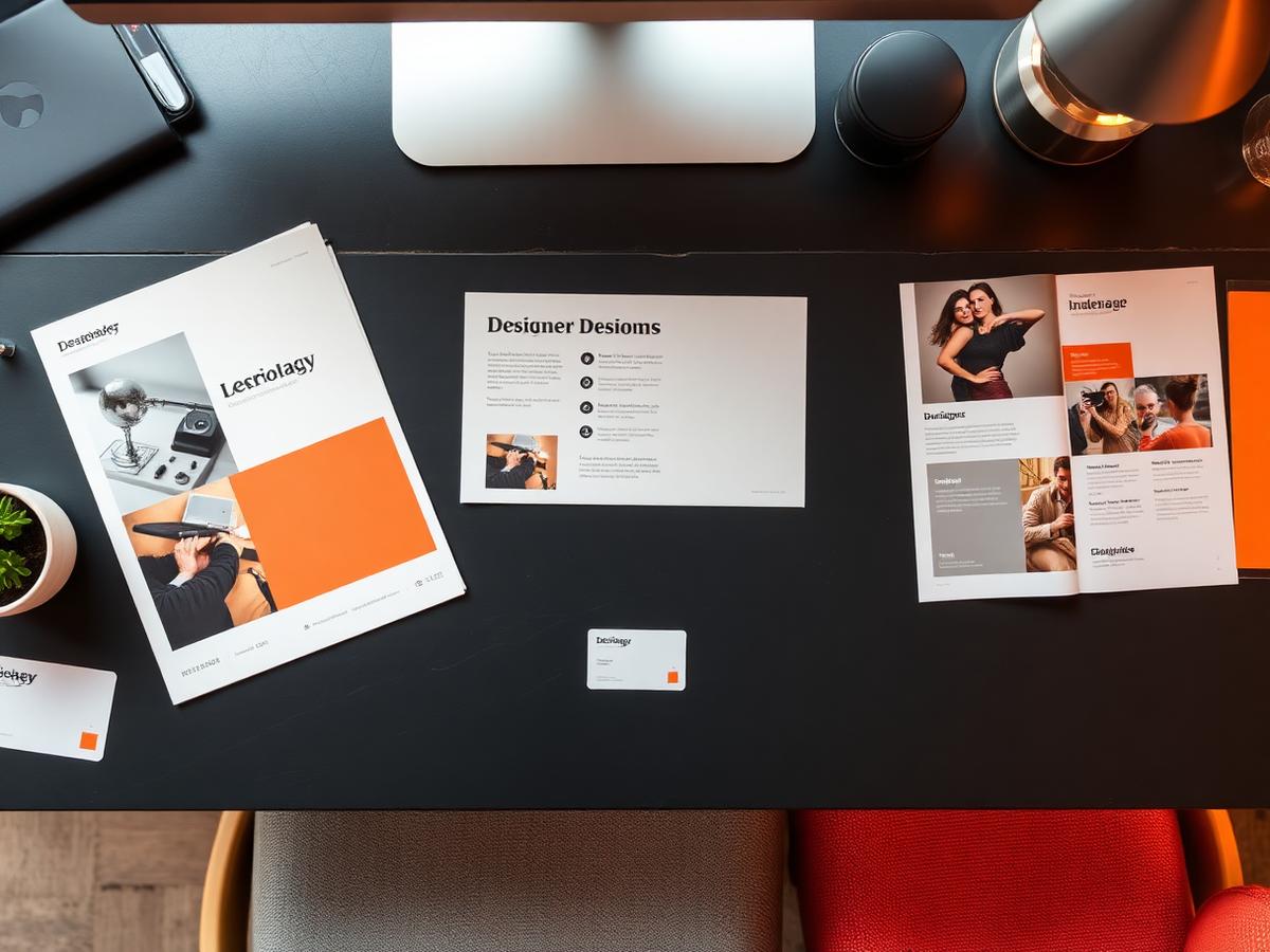 Brochures, flyers and business cards laid out on a desk